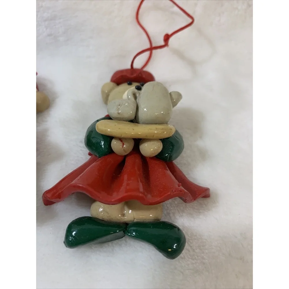 Lot Of 2 Vintage Glazed Salt Dough Type Christmas Bear Festive Holiday Ornaments